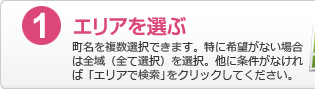 1.エリアを選ぶ：町名を複数選択できます。特に希望がない場合は全域（全て選択）を選択。他に条件がなければ「エリアで検索」をクリックしてください。